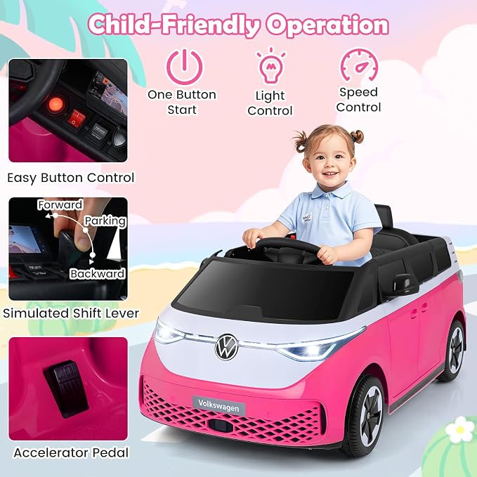 Costzon Ride on Car, 12V Licensed Volkswagen Kids Car Bus with Storage Compartment, Music, Story, Spring Suspension, LED Headlights, Electric Vehicles for Boys Girls Aged 3-7 (Hot Pink)