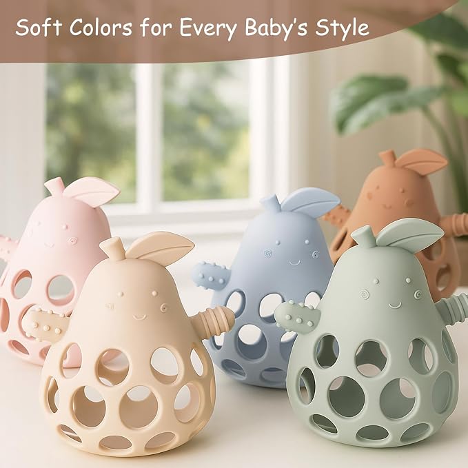 Baby Teething Toy Silicone Teether for Infants, Pear-Shaped Design with Easy-Grip Hole and Nipple-Shaped Ends for Gum Massage & Sensory Development, BPA-Free Safe Baby Chew Toy YIVEKO-Ivory+Blush