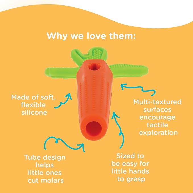 Nuby Silicone Carrot Tube Teether - Baby Teething Toy - Massaging Bristles for Sore Gums - 3+ Months - Easter Basket Stuffer