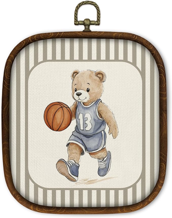 WULQYING Vintage Bear Basketball Wall Art Decor, Retro Nursery Sports Square Framed Canvas Art Prints, Toddler Striped Wall Hanging Decor for Home Kids Playroom Boys Bedroom, 5.7x6.5 Inches