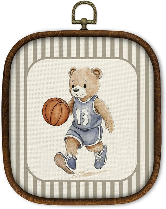 WULQYING Vintage Bear Basketball Wall Art Decor, Retro Nursery Sports Square Framed Canvas Art Prints, Toddler Striped Wall Hanging Decor for Home Kids Playroom Boys Bedroom, 5.7x6.5 Inches