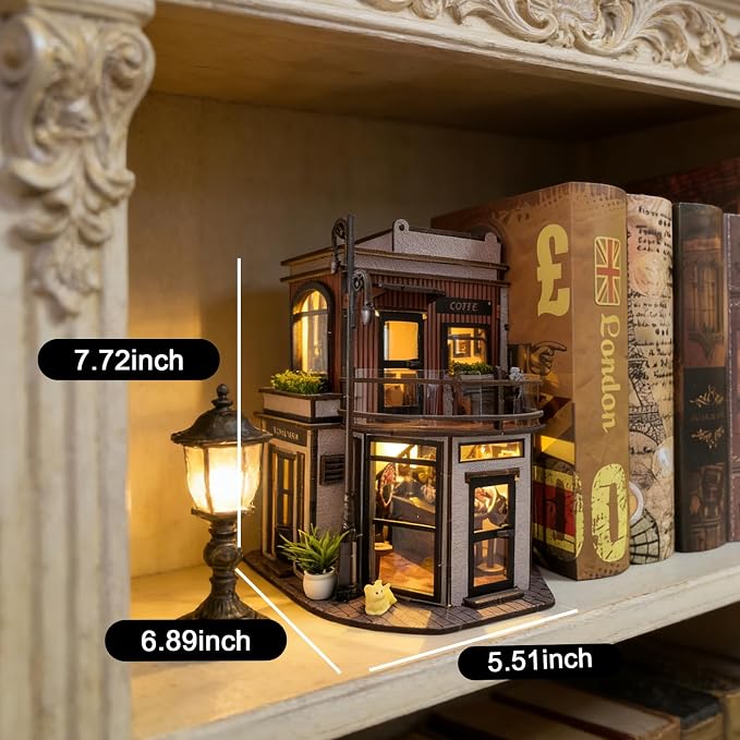 DIY Coffee Shop Book Nook Kit for Adults with LED Lights | 3D wooden puzzle, miniature dollhouse bookshelf insert and desk decor, creative craft gift for birthdays and Christmas.
