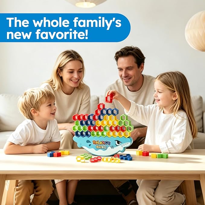 Balance Building Blocks Game 48PC – 3-in-1 Shark Edition with Marble Balance, Hexagon Stacking Tower & Tile Creation | Strategy & Challenge Cards Included | STEM Toy for Kids Ages 3+ Family Game Night