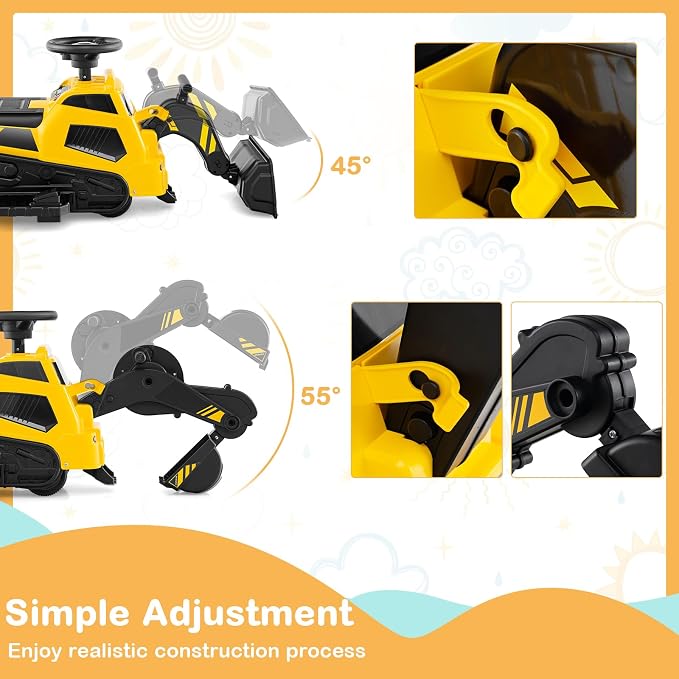 Costzon 3-in-1 Ride on Tractor, Electric Excavator Bulldozer Toy Road Roller w/Adjustable Arms, Music, 6V Ride on Construction Vehicles for Kids 1.5+ Years Old