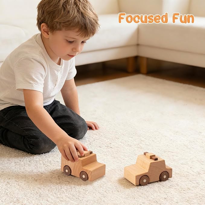 Wooden Toy Cars for 3 Year Old Boys & Girls - Construction Vehicles Set Push Toys for Toddlers, Wood Montessori Car with Rolling Wheels, Natural Wood Toys (Ambulance & Police Car)