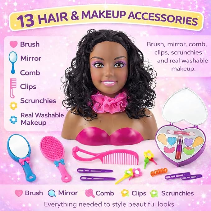 Liberty Imports African American Black Makeup and Hair Styling Doll Head Toy Playset with Real Washable Cosmetic and Fashion Dress Up Accessories for Girls Pretend Play