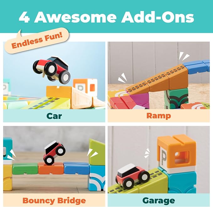 QBI Magnetic Building Blocks Car Track Set, STEM Building Toys for Kids Ages 4-8, Magnetic Cubes with 2 Push-and-Go Cars, Ramps & Track Plates, Montessori Birthday Gift (46PCS)