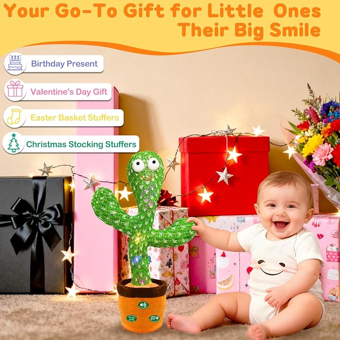 Hunfur (Rechargeable) Dancing Mimicking Talking Cactus Toy,Funny Gift for Baby Infant 6-12 12-18 Months,Singing Record Repeat What You Say Toys for Toddler 1 2 3 Year Old Boy Girl