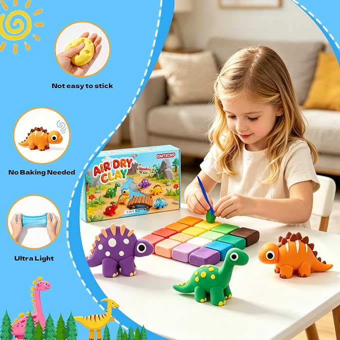 Air Dry Clay Dinosaur Kit for Kids, 12 Dino Skeleton Craft Set | 12 individual boxes, colorful materials, 3 sculpting tools, step-by-step guide, STEM party favors and birthday activity