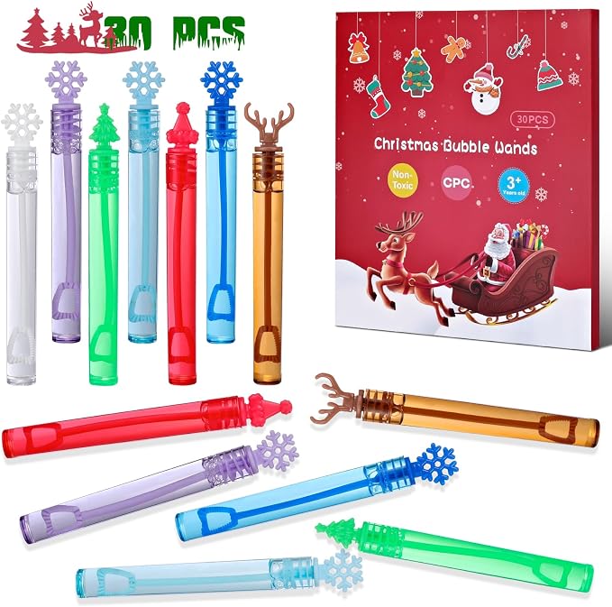 Christmas Party Favors Mini Bubble Wands for Kids 30PCS Christmas Stocking Stuffers Goodie Bags Stuffers Small Bubbles in Bulk for Classroom Prizes Outdoor Toys Student Gifts for Toddlers Girls Boys