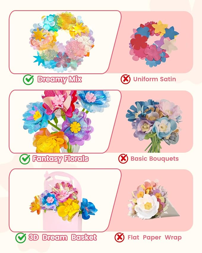 DIY Art Flower Toys Include Extra Accessories Set, Arts and Crafts Activity Kit for Kids, Flower Garden Building Toys for Girls, Birthday Gifts for 3 4 5 6 7 8 9 10 11 12 Year Old Girls (Pink)