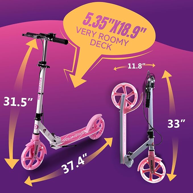 Kick Scooter for Kids Ages 8+ Teens & Adults, with Front handbrake and Rear Brake, and Adjustable Handlebars, Big Sturdy PU Flash Wheels Great Gift & Toy