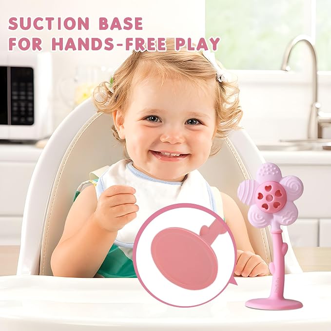 Baby Teething Toys 3-6 Months, Teether and Sensory Rattle for Babies 0-6 Months, Food Grade Silicone Teethers 6-12 Months, Infant Teething Relief Chew Toys, Sunnyflower Teether Toy BPA Free - Pink