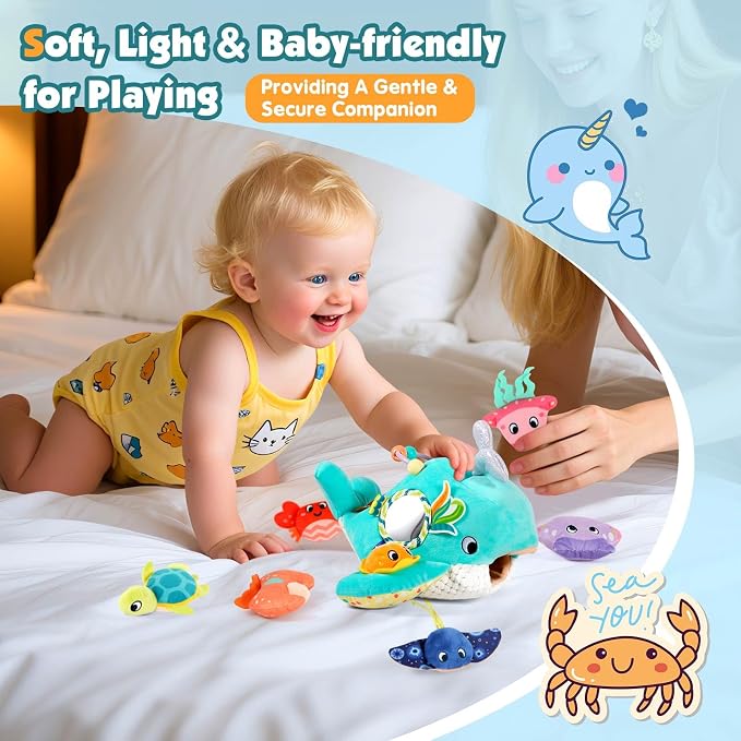 FREYBLI Baby Toys 6-12 Months - Soft Ocean Adventure Toy with Rattle, Crinkle Paper, Squeaker, Mirror - 6 Month Old Baby Toys Boy Girl Gifts, Baby Sensory Montessori Toys for 6 Month Old Infant Toys