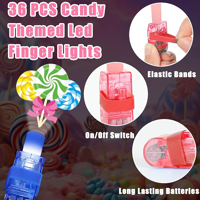 CHUNNIN 36 PCS Candy Birthday Party Favors Lollipop land LED Light Up Finger Lights, Glow in the Dark Candy world Party Bulk for Holiday Christmas Goodie Treat Bags Stuffers Candies Birthday Supplies