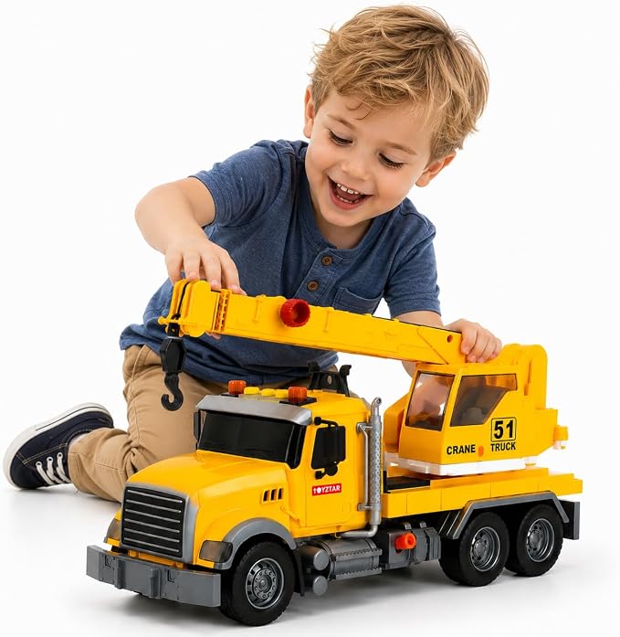 14" Yellow Large Crane Truck Toy,Tow Truck Toy,Construction Trucks for Boys Girls 3 4 5 6 7 8 Years Old,with Lights & Sounds,Holiday and Birthday Gift
