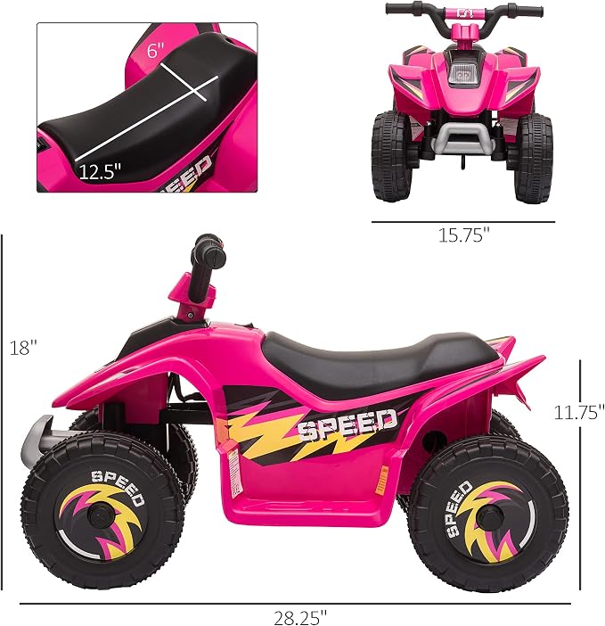 Aosom 6V Kids ATV 4-Wheeler Ride on Car, Electric Motorized Quad Battery Powered Vehicle with Forward/Reverse Switch for 18-36 Months Old Toddlers, Pink