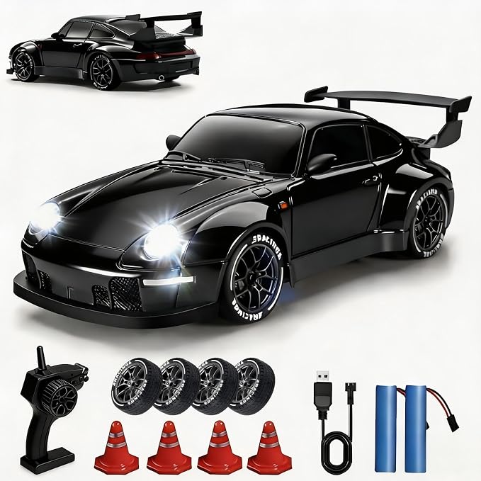 1:24 Scale RC Drift Car with LED Lights, 25km/h 4WD High Speed, Dual Batteries 50+ Min Play, 2.4GHz Remote Control, Multi-Surface Drift Tires, Racing Toy Vehicle for Adults Boys Girls, Silent Partner