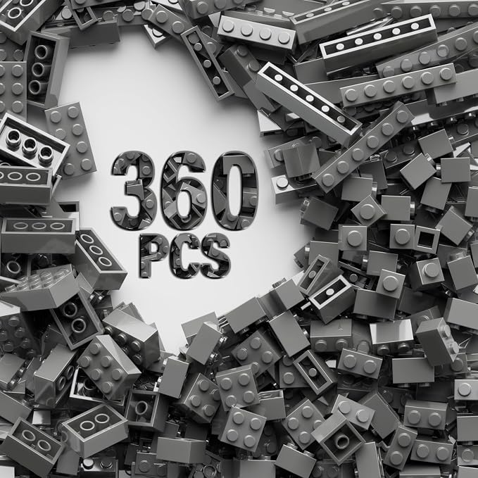 360 Piece Dark Gray Classic Building Blocks Bulk, 7 Sizes Building Bricks Assortment Pack, Compatible with Lego Parts and Pieces (Dark Gray)