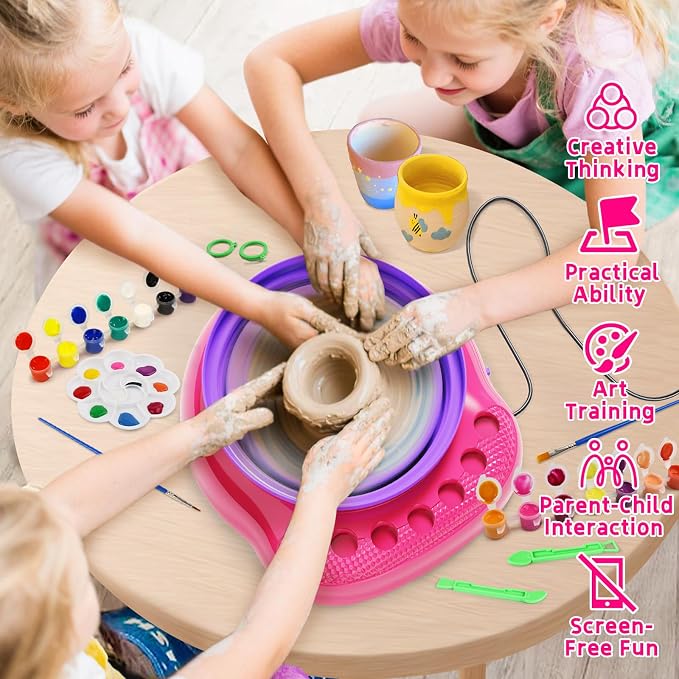 Vinkp Pottery Wheel for Kids - Complete Pottery Painting Kit Arts and Crafts for Kids Ages 8-12 with Air Dry Clay Art Supplies for Girls Boys Toys Birthday Gifts for 6 7 8 9 10 11 12 - Pink