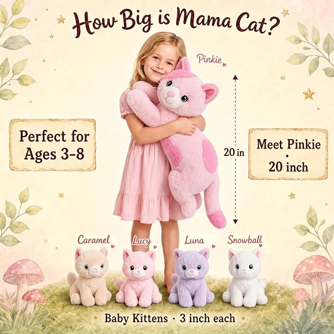 gnomantic Cat Stuffed Animals with Babies Inside, Mommy Toy for Kids | 5-Piece set: 1 mommy cat + 4 baby kittens inside. Unzip belly to reveal surprise babies. Ultra-soft, ages 3-8.