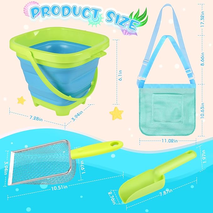 Beach Shell Collecting Set, Sand Toys with 2 Collapsible Buckets, Shark Tooth Sifters, Sand Scoops, Mesh Bags, Outdoor Exploration Tools & Treasure Hunt Toys for Kids, Family Beach Vacation Essentials