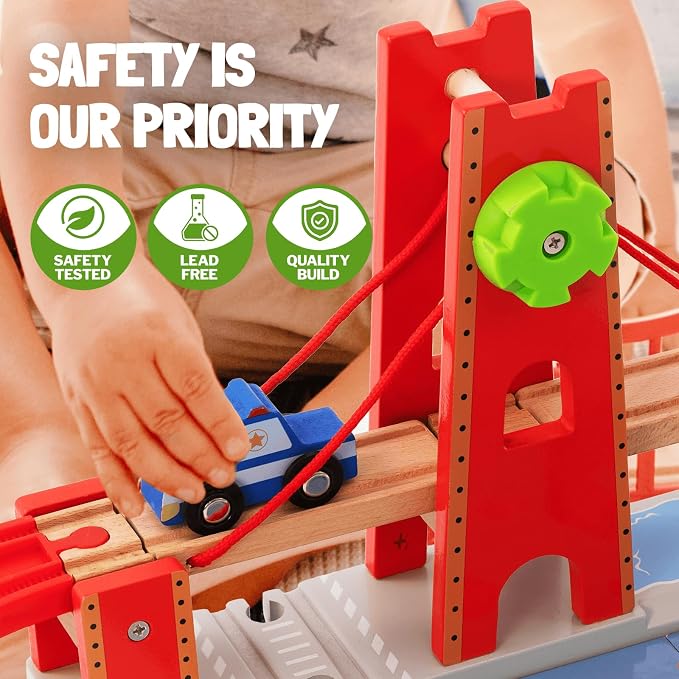 Giant bean 117 Pcs Busy Port City Wooden Train Set for Kids- Expandable & Changeable Wooden Train Track Set Toy, for Boys & Girls Ages 3-14