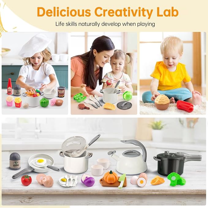 100Pcs Kitchen Playset, Kids Pretend Cooking Play Pots, Pans, Utensils, Cookware, Toy Food Fruits Veggies, with 2 Large Apple - Shaped Storage, Toddler Cooking Learning Gift (White)