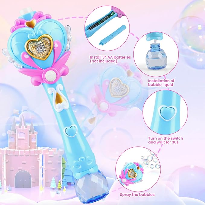 Toys for Girls: Princess Toy Bubble Wand, Birthday Gifts for 3 4 5 6 7 8 Years Old Girl, Bubbles Machine Fairy Wands for Kids Light Up with Bubble Solution, Toddler Girl Toys Age 4-5