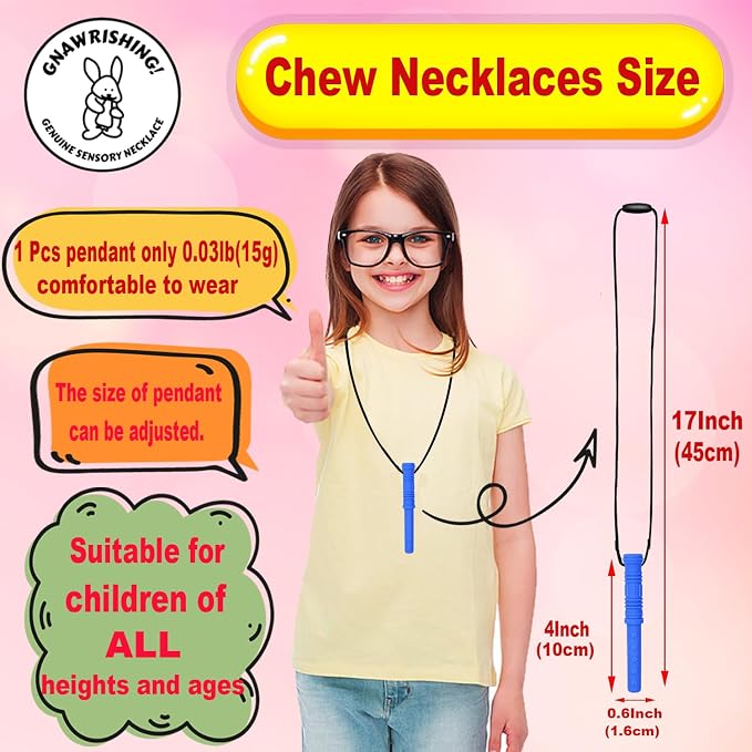 Chew Necklace by GNAWRISHING 6-Pieces Perfect for Autistic, ADHD, SPD, Oral Motor Children, Kids, Boys, and Girls (Tough, Long-Lasting)