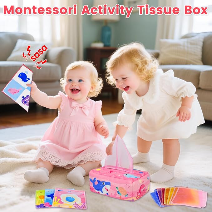 Baby Tissue Box Toy - Baby Girl Toys Montessori Toys for Babies 6-12 Months - Soft Stuffed High Contrast Crinkle Infant Sensory Toy 6 7 8 9 10 11 12 Months Old Gifts Pink