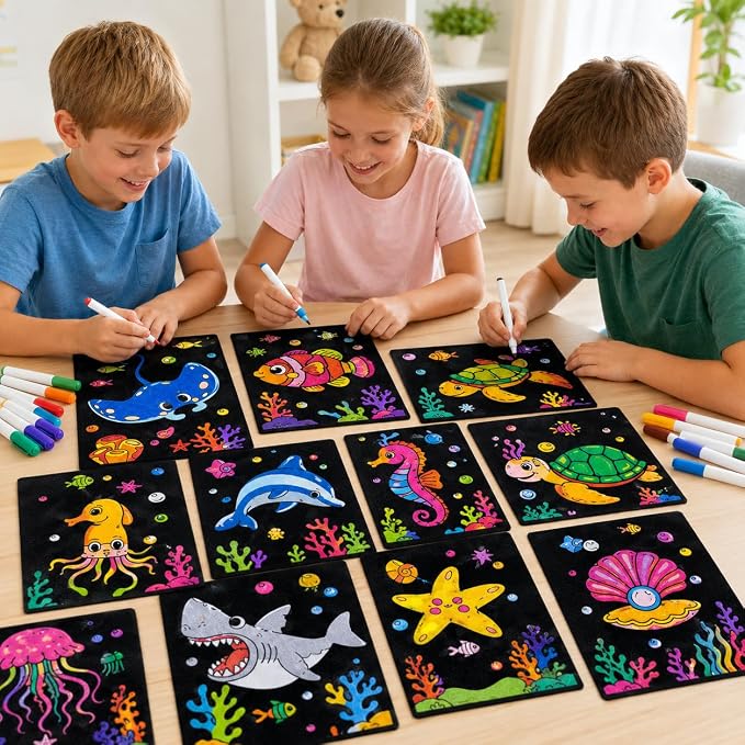 Cinrobiye 48 Pcs Velvet Coloring Posters Summer Fuzzy Posters to Color Bulk Felt Ocean Animal Coloring Page Craft for Adults Teenagers All Ages Classroom Assisted Living Festive Holiday Activity