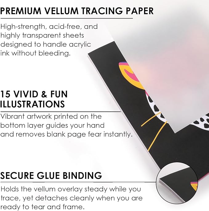 Grabie Trace and Color Drawing Kit, Beginner Friendly All-in-One Tracing Art Set with Acrylic Dual Tip Markers, 15 Pre-Printed Designs, Vellum Paper, Creative Hobby Kit, Artist Collaboration Yeti