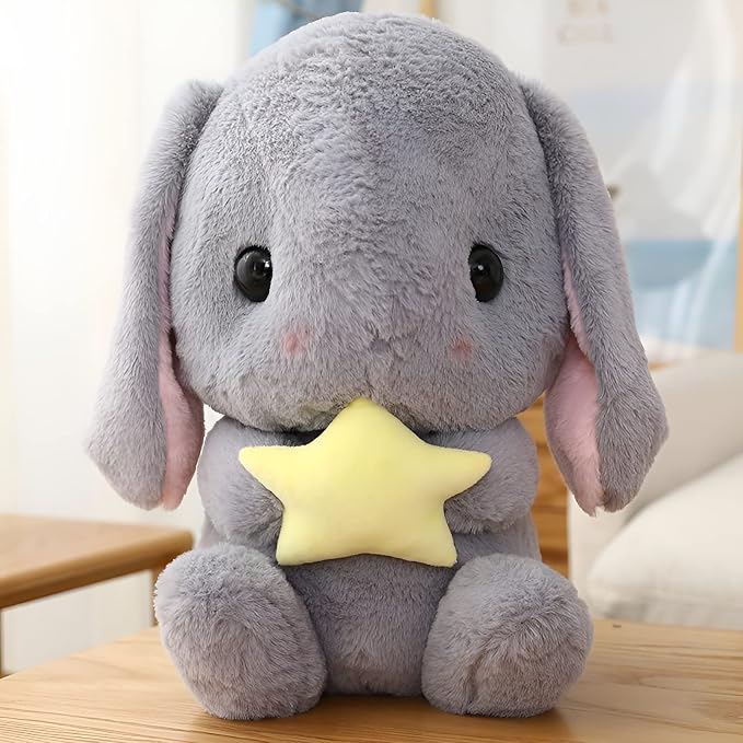 HOUPU Soft Toy - Sitting Lop Eared Rabbit, Easter White Rabbit Stuffed Bunny Animal with Carrot Soft Lovely Realistic Long-Eared Standing Pink Plush Toys (Gray-Star,25.5in/65cm)
