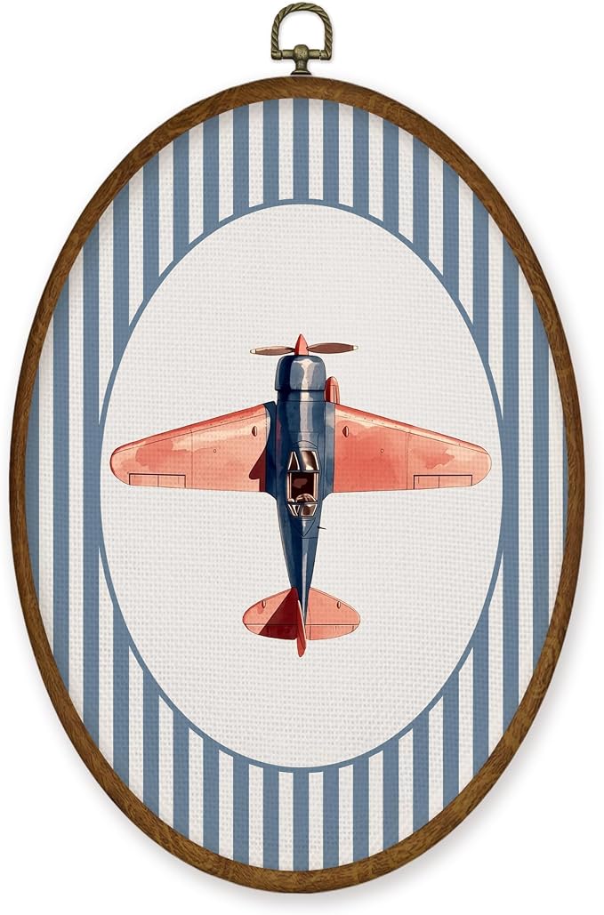 WULQYING Vintage Airplane Nursery Wall Art Decor, Kids Room Oval Framed Canvas Art Prints, Blue Striped Airplane Aircraft Wall Hanging Decor for Kids Boys Room Bedroom Playroom, 8.6x11.4 Inches