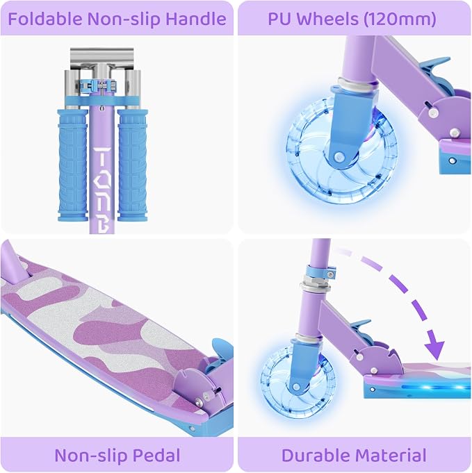 TONBUX Scooters for Kids 5-12, 2 Wheel Scooters with Cool Light Up Stem, Wheels, and Deck, 3 Level Adjustable Height Kick Scooter, Foldable and Lightweight Scooter for Kids 8-12