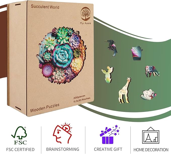 Mys Aurora Wooden Jigsaw Puzzles - Mandala Succulent Plants, 200 Piece Luxurious Shaped Wooden Puzzles for Adults and Kids, Family Game, Medium 11.3'' x 10.9''