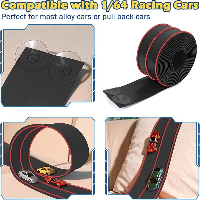 Flexible Race Track for Kids, 15Ft Flexible Car Track Race Car Track Compatible with Hot Wheels and Diecast 1/64th Cars, Flex Tracks Roll Up Race Ramp Toy with Strong Suction Cups