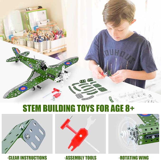Ferthor Fun STEM Building Toys Model Airplane Kits for Boys 8-12,Airplane Model Scale 1:32 Metal Building Kit,Erector Sets Model Planes for Kids 8-12,Best Airplane Gifts for Hurricane Fighter Fans