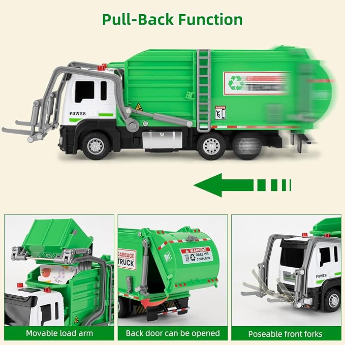 Kids Garbage Recycling Truck Toy, Green Pull-Back Truck Model with Sound & Light, Waste Sorting Learning Cards, Educational Toy, for 3-6 Year Old Boys Girls