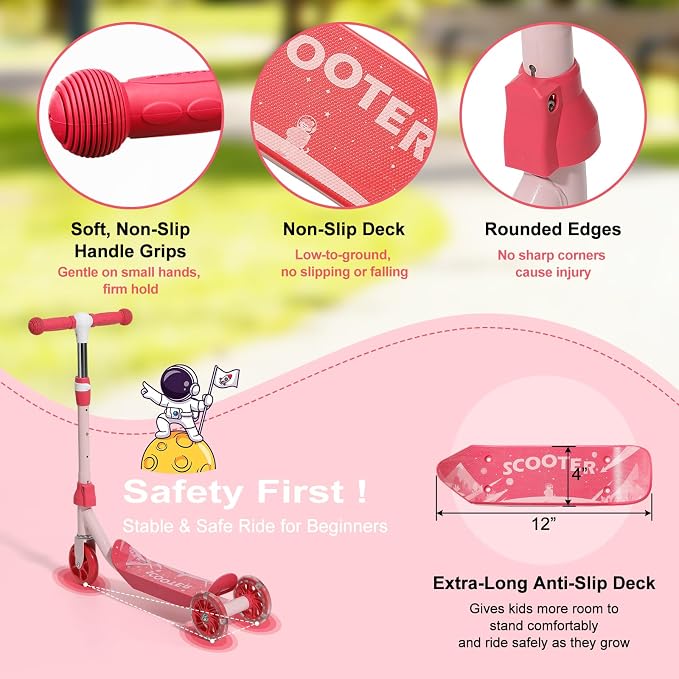 Kids Scooter - LED Light Up 3 Wheel Scooter for Kids 3-5, Adjustable Handlebar Height, Long Anti-Slip Deck,Heavy Duty Metal Scooters for Boys Girls Ages 3-5 5-7, up to 110 Lbs
