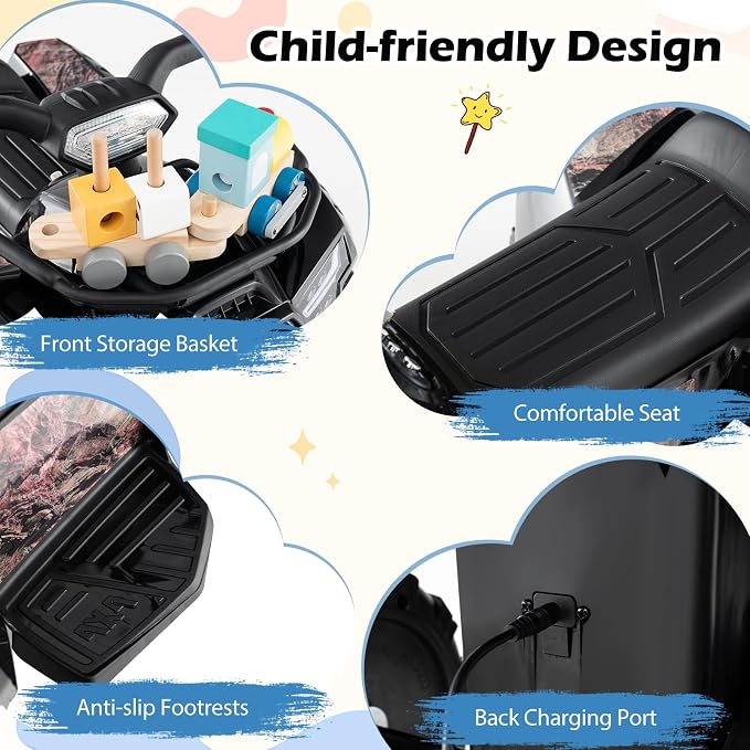 Costzon Kids ATV, 6V Battery Powered Electric Vehicle Four Wheeler Quad w/Storage Basket, Headlight, Horn, Music, MP3 & USB, Toddler 4 Wheeler Ride on Car Toy for Boys Girls 18-36 Months (Black+Camo)