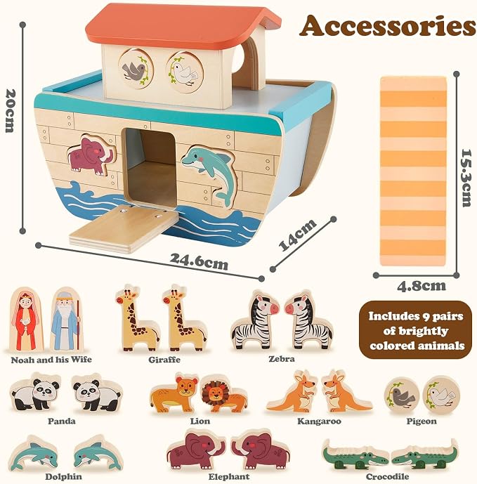 HERSITY Wooden Noah's Ark Toy for Montessori Learning 1 Year Old Baby Boy and Girl, Baptism Gift Wooden Animal Shape Sorter First Birthday Presents for Toddlers 1-3