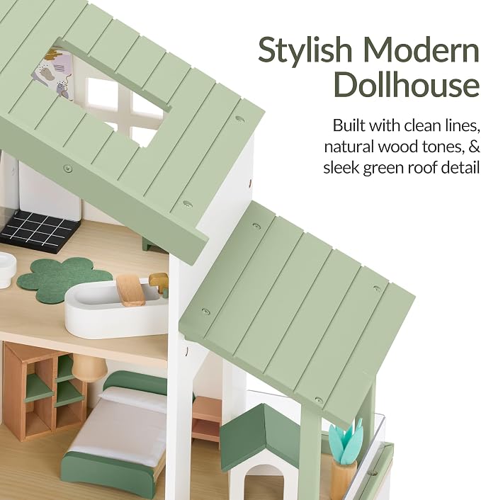 Best Choice Products Modern Wooden Dollhouse for Kids, 3-Story Doll House with 40 Furniture Accessories, Interactive Dollhouse Set with Dolls, Multi-Room Design for Girls & Boys - Sage