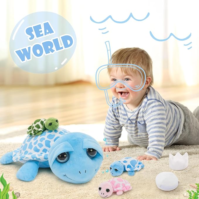 MorisMos Sea Turtle Stuffed Animal Mommy with Babies, 6 Packs Stuffed Turtle Toys for Kids Toddlers, 14'' Mama Big-Eyed Tortoise Toy, Sea Stuffed Animal Plush Pillow Gifts for Birthday Christmas