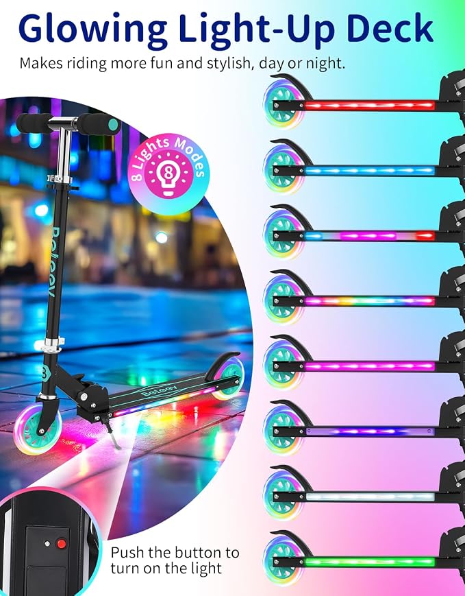 BELEEV V1 Scooters for Kids, 2 Wheel Folding Kick Scooter for Girls Boys, 3 Adjustable Height, Light Up Wheels, Lightweight Scooter with Sturdy Frame, Kickstand for Children 3 to 12 Years Old