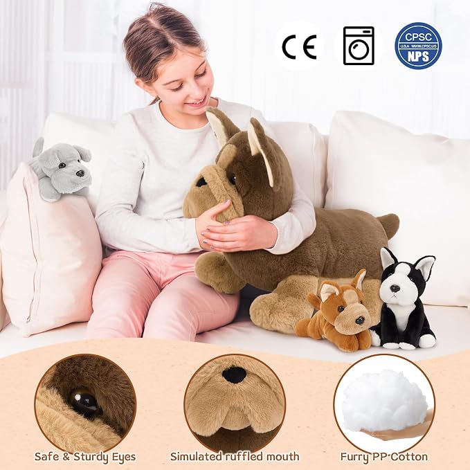 MorisMos French Bulldog Stuffed Animal with Babies,18'' Mommy Stuffed Dog Push with Puppy Toys for Kids,4Pcs Realistic French Bulldog Toys for Girl Boy,Pug Toy Gift for Birthday Christmas