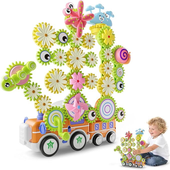 Gears Building Toys for Kids Ages 3+, STEM Construction Set for Toddlers, Train and Flower Models with Electric & Manual Modes, Lights and Music, DIY Educational Learning Toys Gift for Boys and Girls