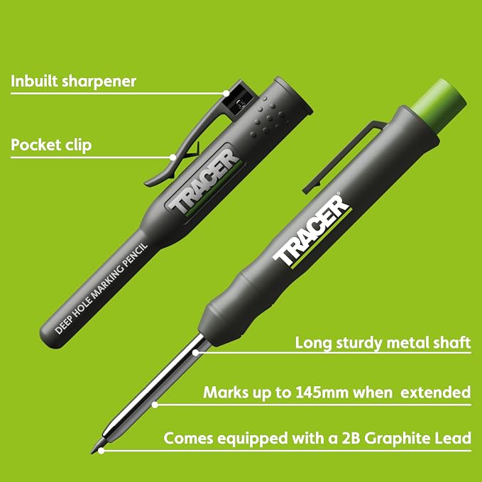 Tracer Deep Hole Construction Pencil Site Holster. Extendable 2B Carpenter Pencil with Inbuilt Carpenter Pencil Sharpener
