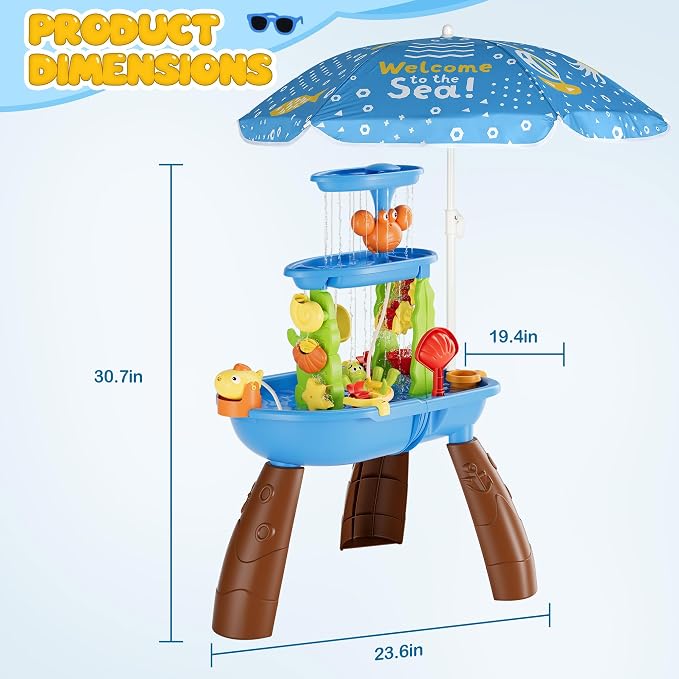 Kids Sand Water Table for Toddlers with Umbrella/Water Pumb, 3-Tier Outdoor Water Sand Play Table Beach Toys, Summer Splash Activity Sensory Table Party Birthday Gift for Kids 3 4 5 6 7 8